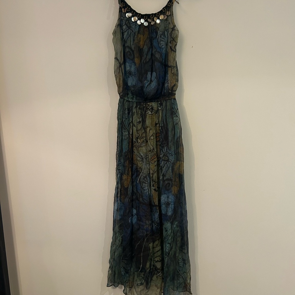 Silk Blend Maxi Dress with Beaded Neckline